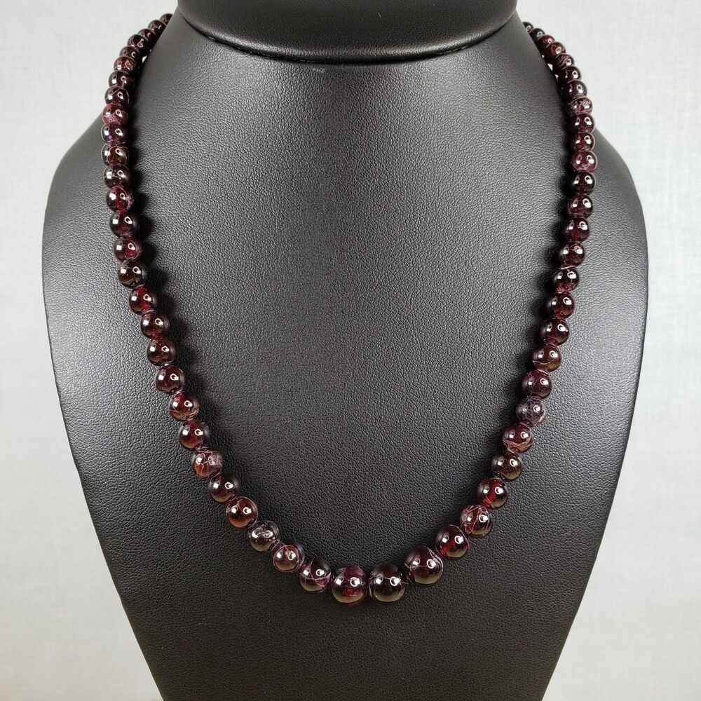 Vintage Genuine Almandine Garnet Small Bead Strand Choker Necklace Barrel Clasp